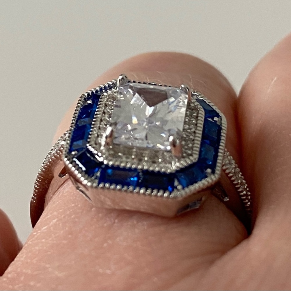 Sterling Silver Lab Sapphire Ring with Intricate Detailing Size 7 - Picture 8 of 15